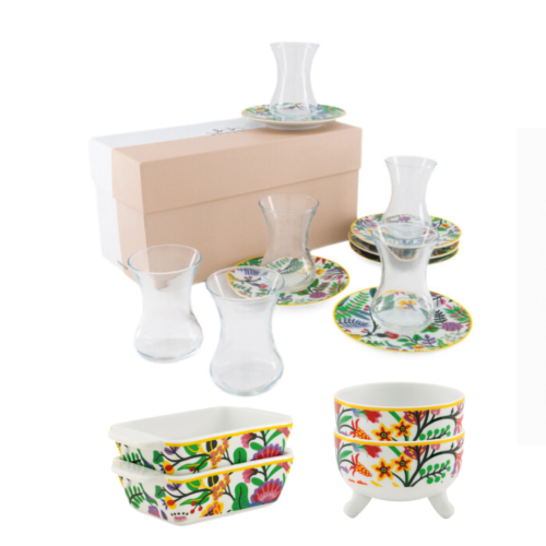 Silsal Spring Bloom Full Set - Tea Cups (Set of 6),  Dishes Set of 2, Pair of 2 Footed Bowls